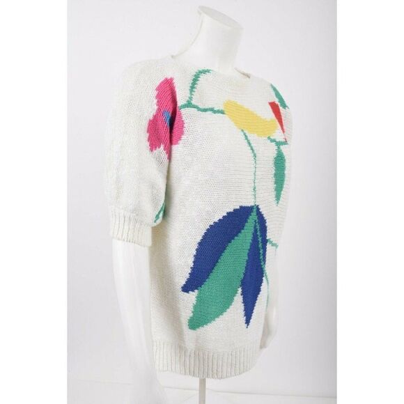 1980s Shapely Knits Womans Vintage Knit Sweater Top Size M Floral Dolman sleeve - Picture 5 of 6